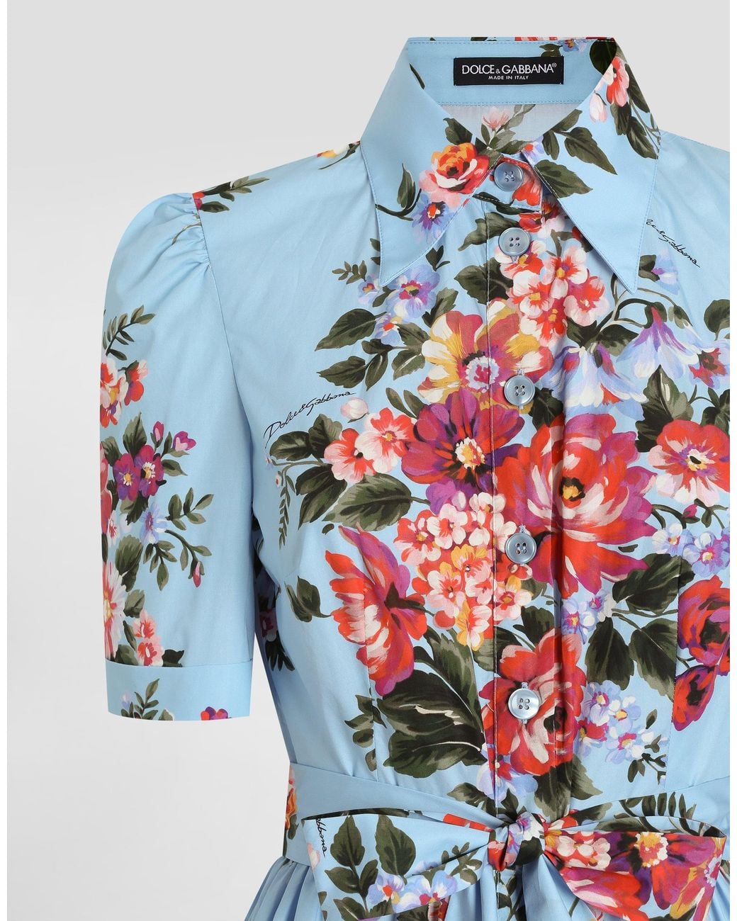 Dolce & Gabbana White Flower Bouquet-Print Poplin Shirt Dress