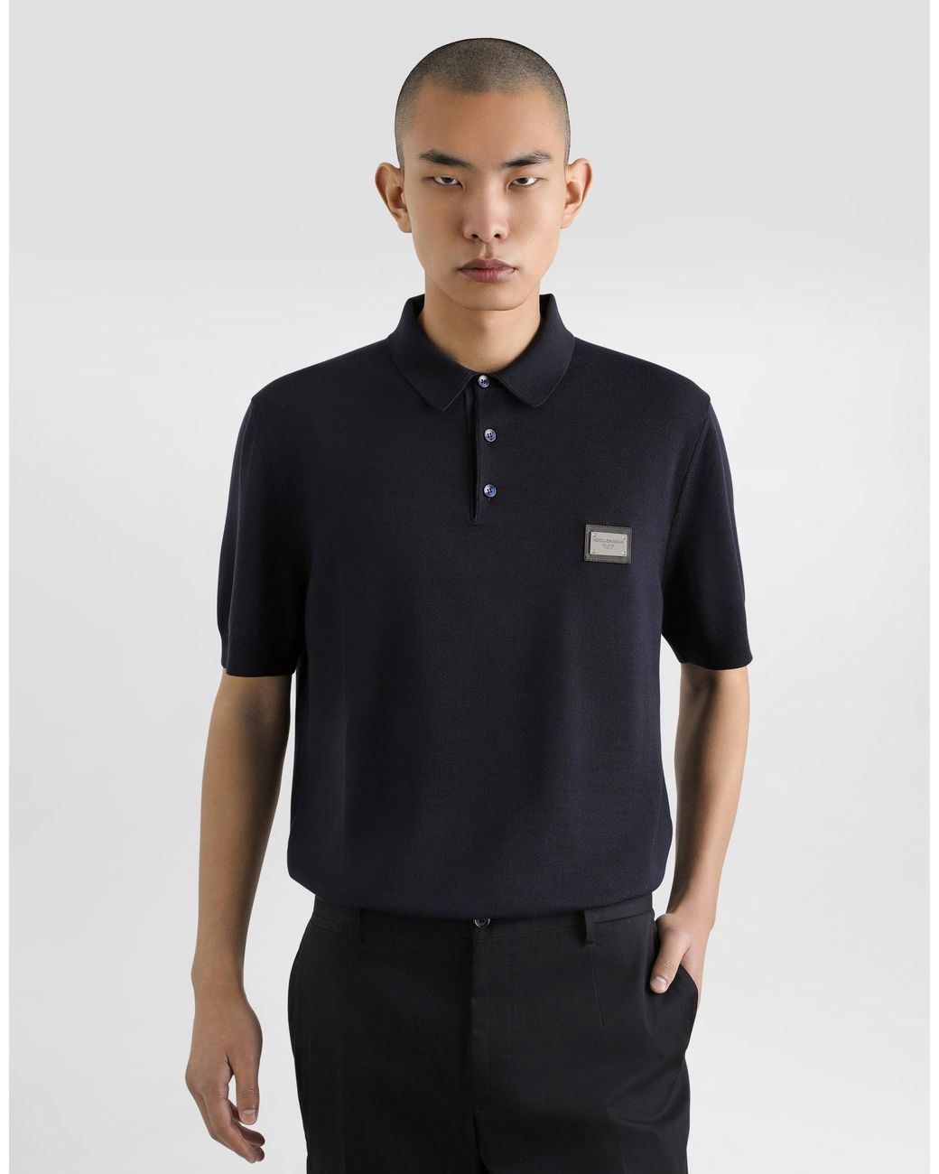 Dolce & Gabbana Black Wool Polo-Shirt With Branded Tag for men