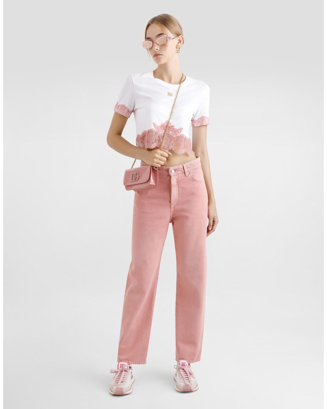 Dolce & Gabbana Pink Cropped Jersey T-Shirt With Dg Logo And Lace Inserts