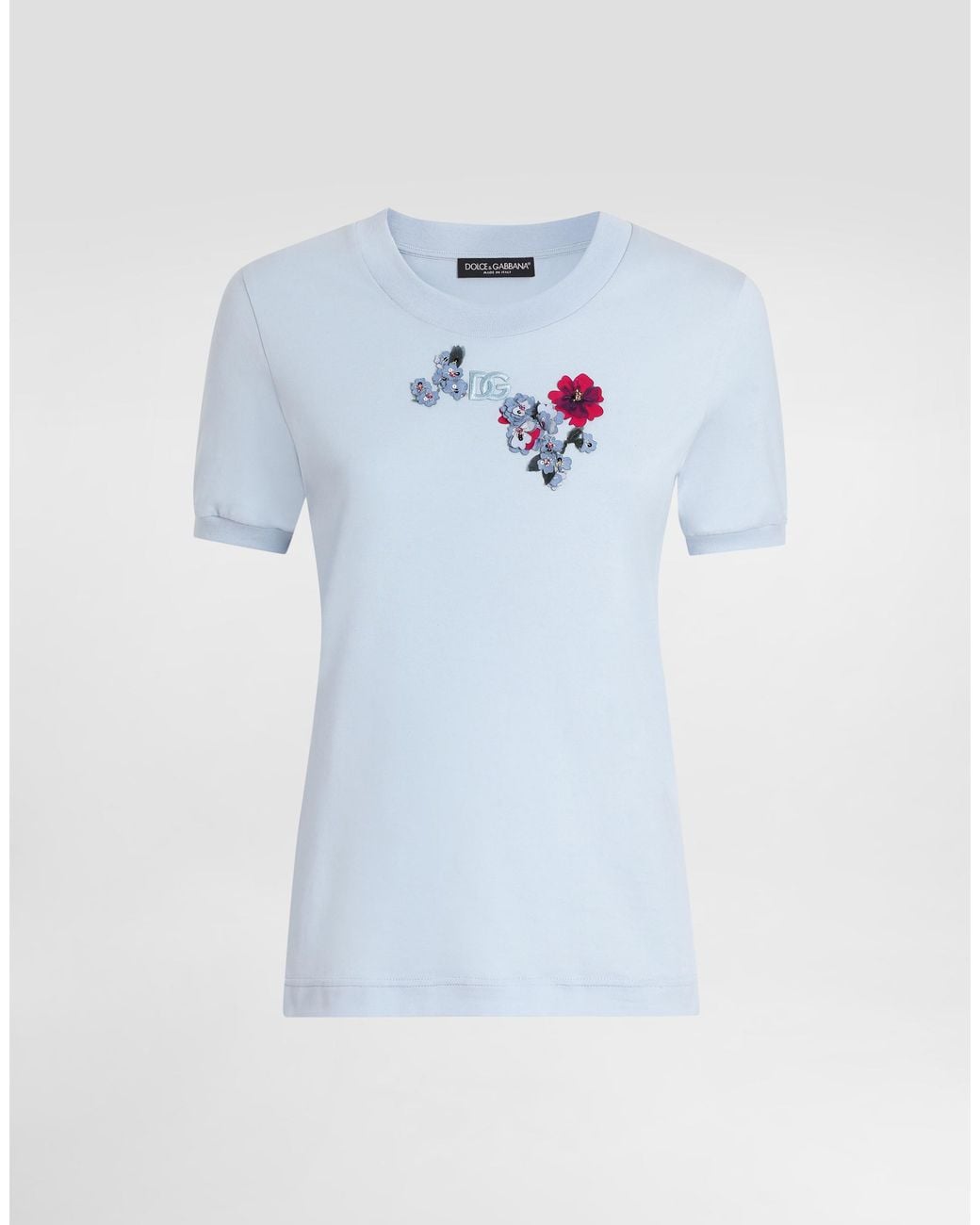 Dolce & Gabbana Blue Jersey T-Shirt With Flower Patch
