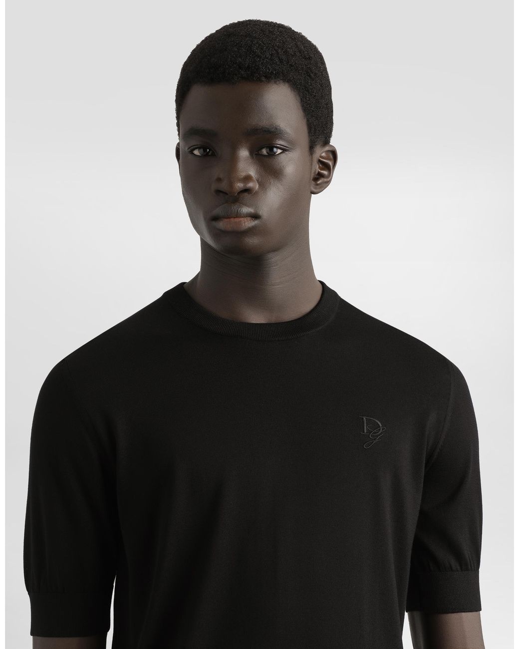 Dolce & Gabbana Black Silk Round-Neck Sweater With Dg Embroidery for men