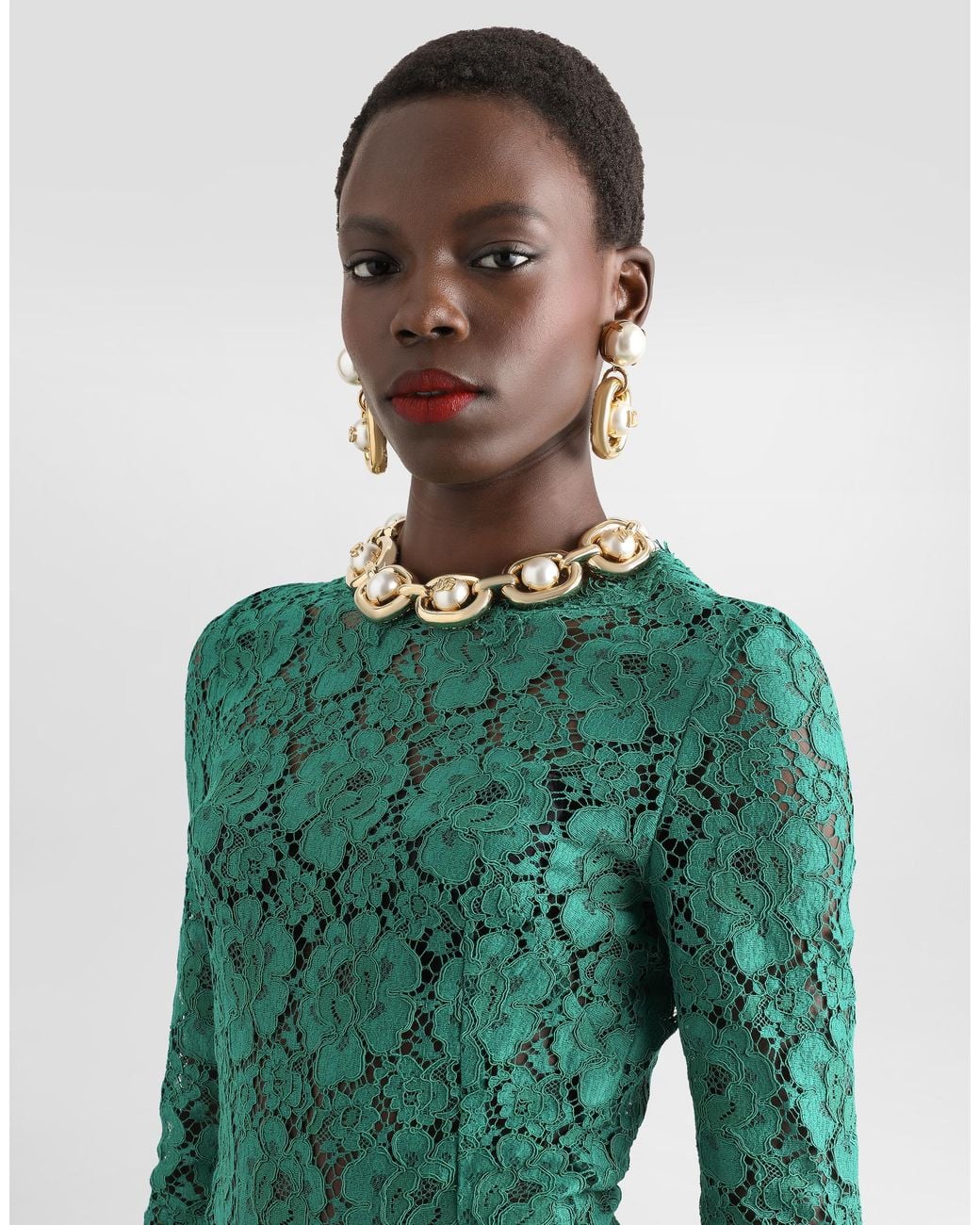 Dolce & Gabbana Green Long Chiffon And Lace Dress