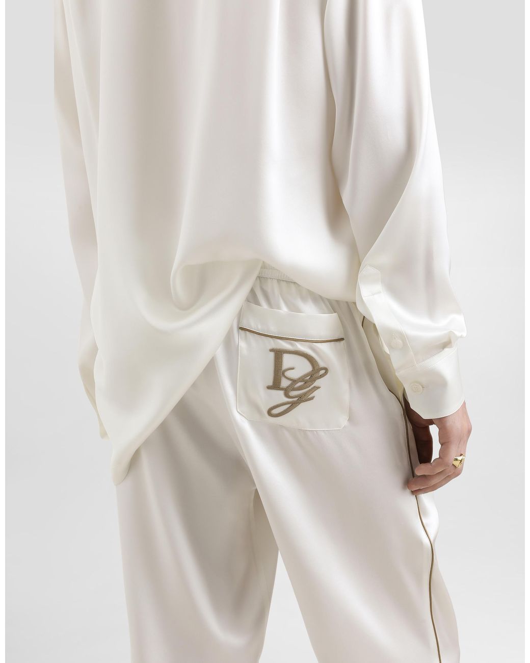 Dolce & Gabbana White Silk Pajama Pants With Logo Embroidery for men