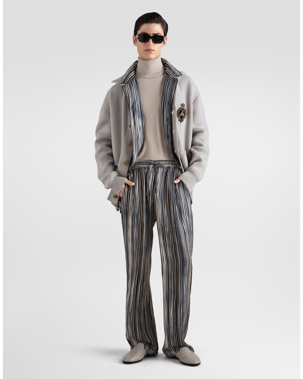 Dolce & Gabbana Gray Stripe-Print Silk Twill Vanity Trousers for men
