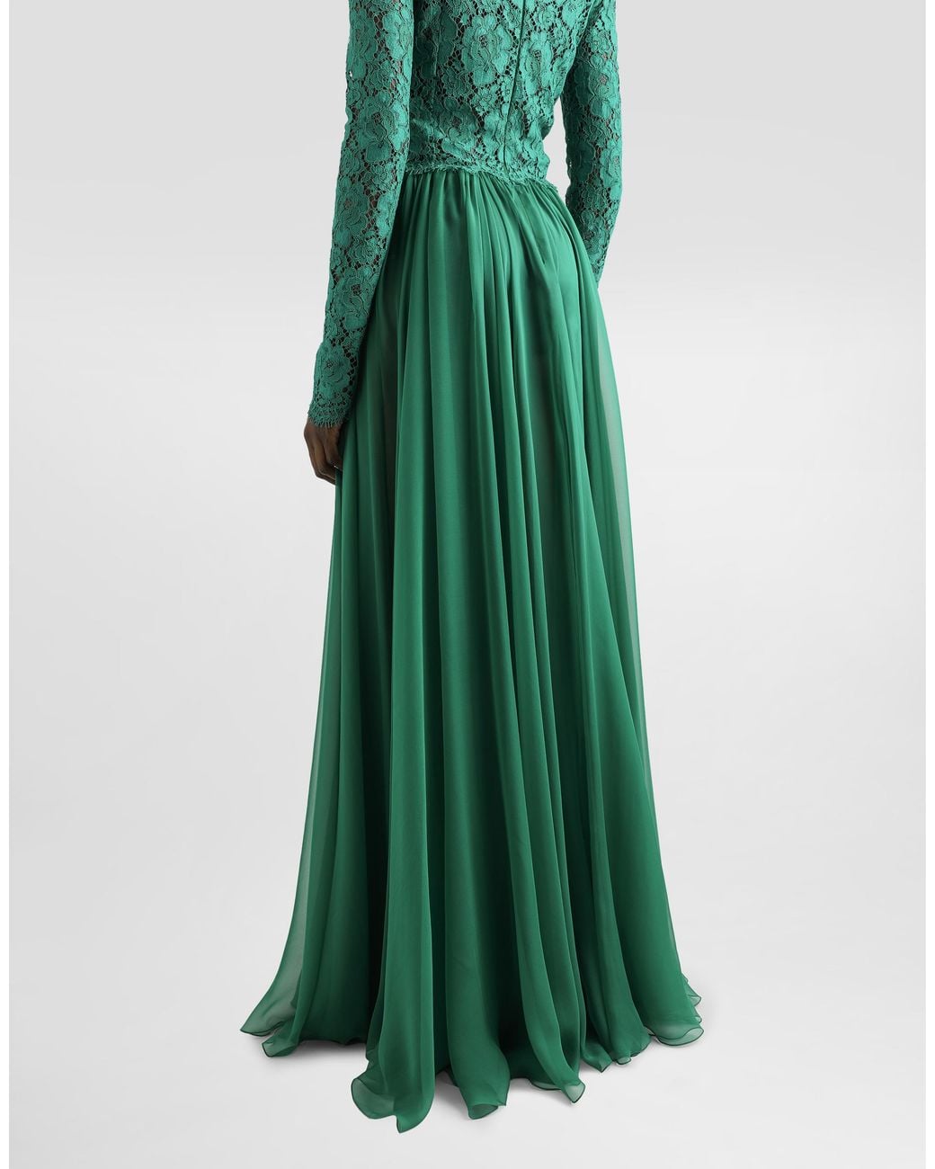 Dolce & Gabbana Green Long Chiffon And Lace Dress