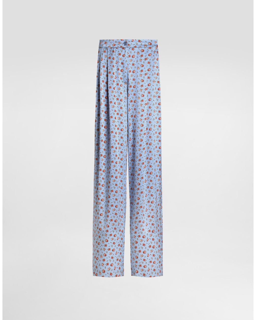 Dolce & Gabbana Blue Small Rose-Print Wide Silk Trousers