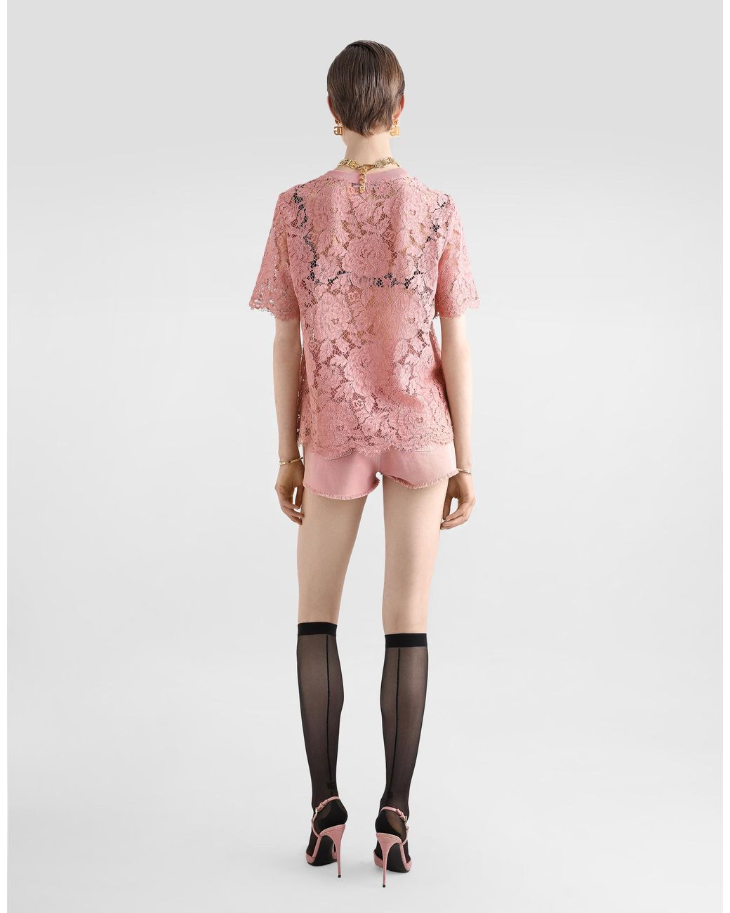 Dolce & Gabbana Pink Short-Sleeved Cordonetto Lace T-Shirt