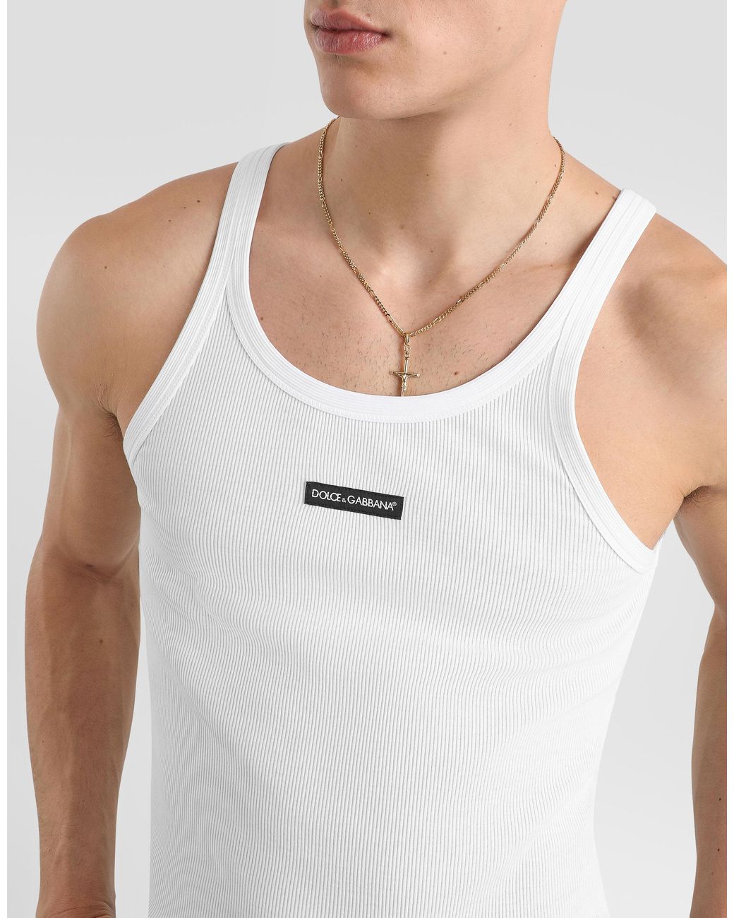 Dolce & Gabbana White Cotton Tank Top With Print for men