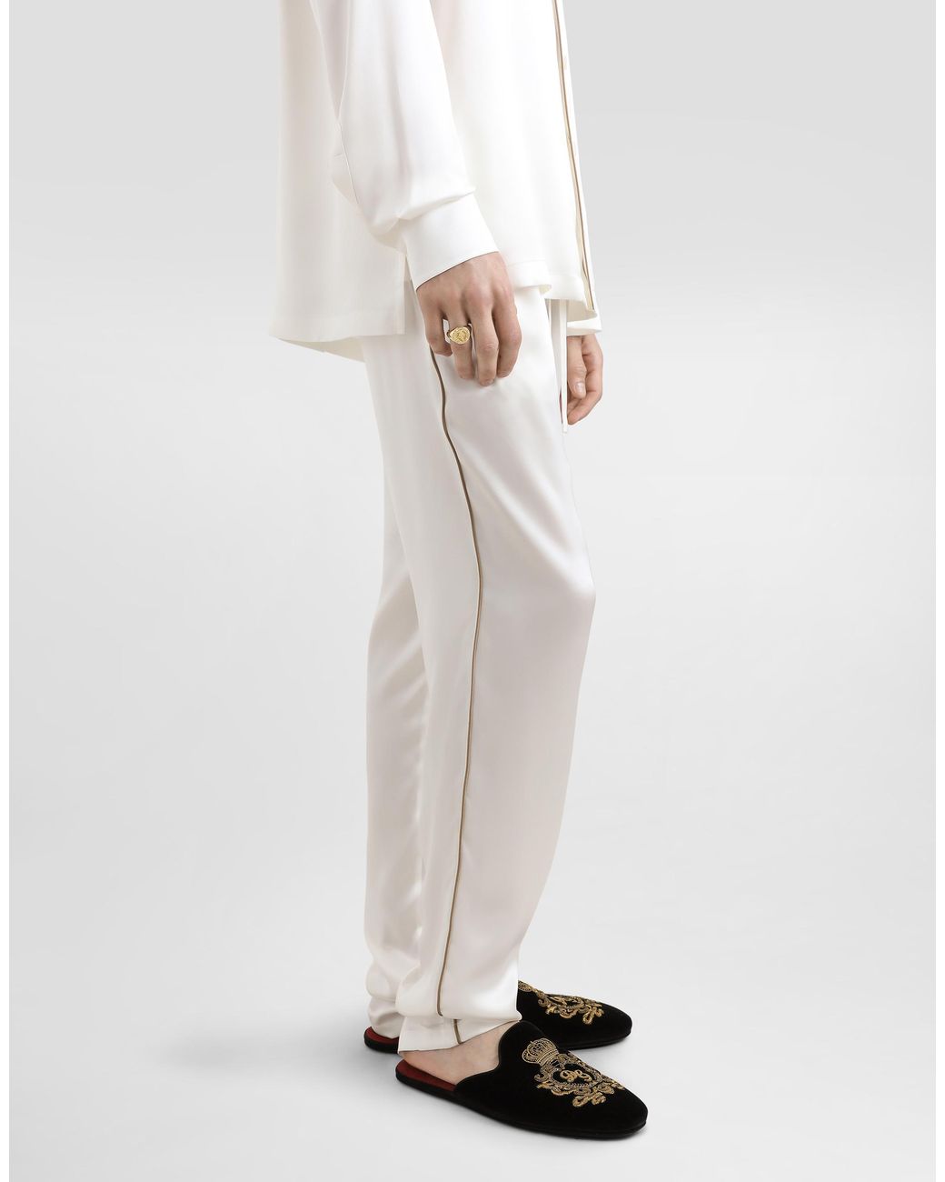 Dolce & Gabbana White Silk Pajama Pants With Logo Embroidery for men