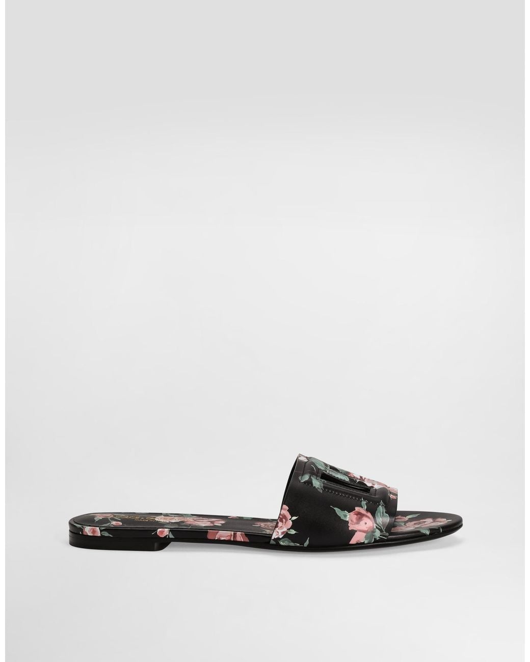 Dolce & Gabbana White Calfskin Flat Slippers With Rose Print