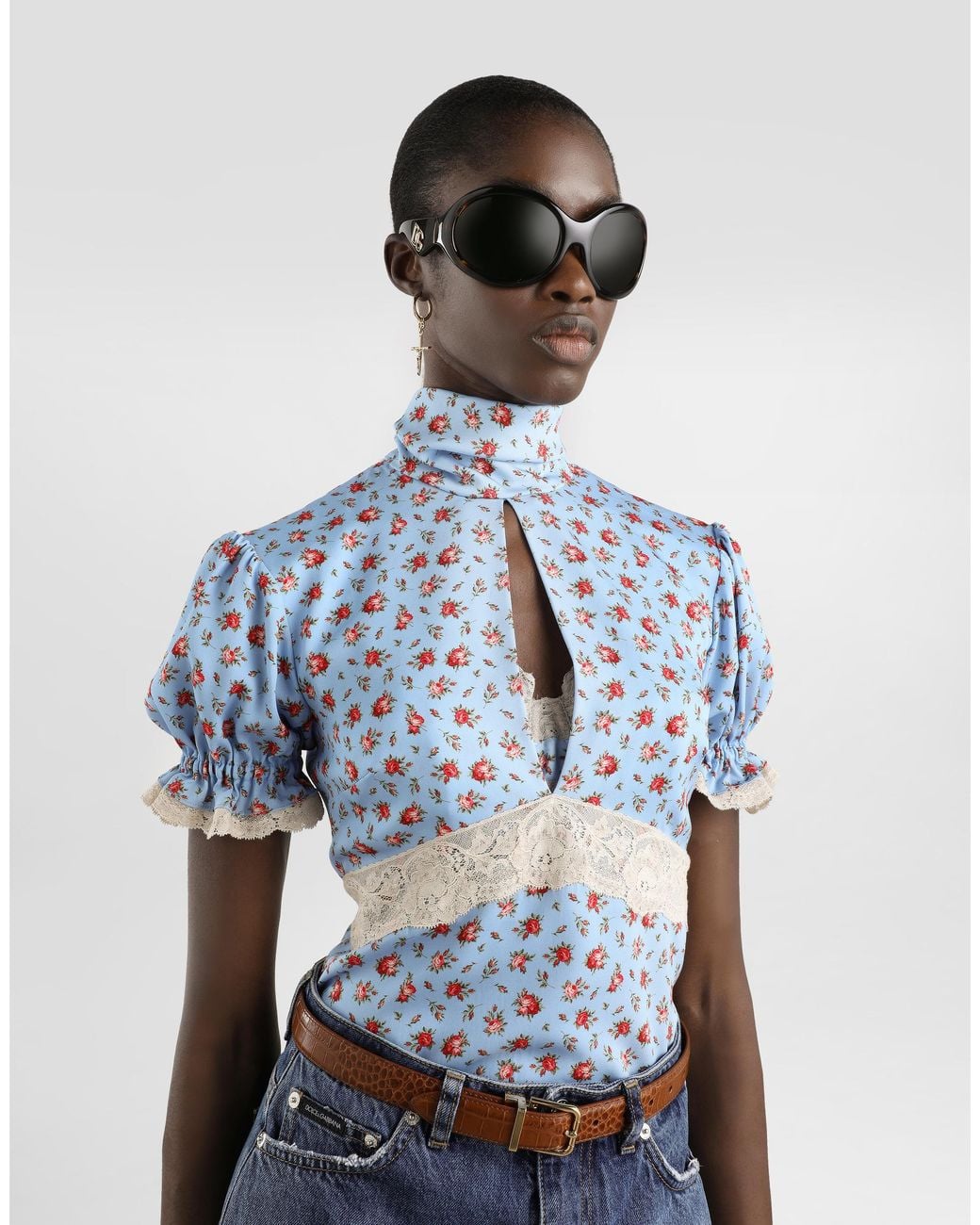 Dolce & Gabbana Blue Small Rose-Print Charmeuse Top