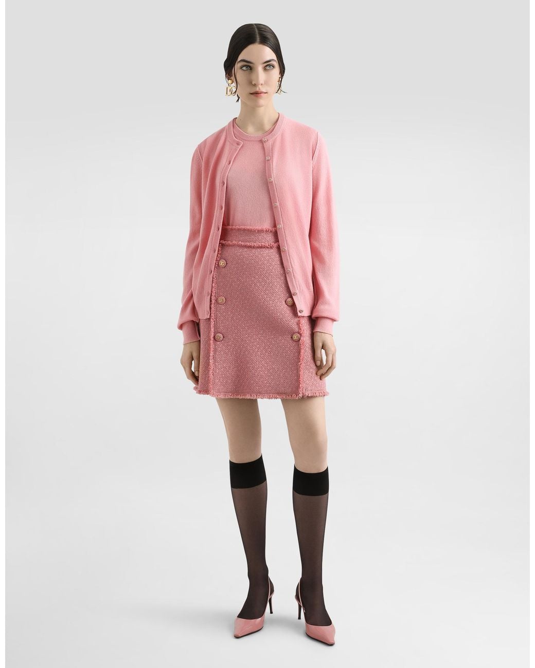 Dolce & Gabbana Pink Short Raschel Tweed Skirt With Decorative Dg Logo Buttons