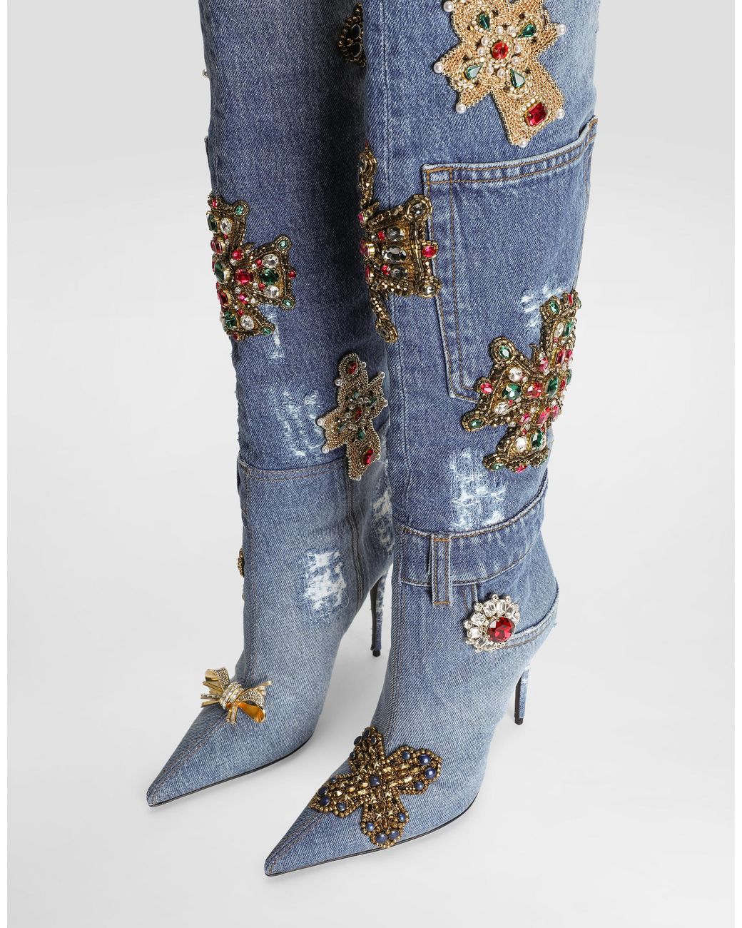 Dolce & Gabbana Blue Denim Boots With Embroidery And Stones