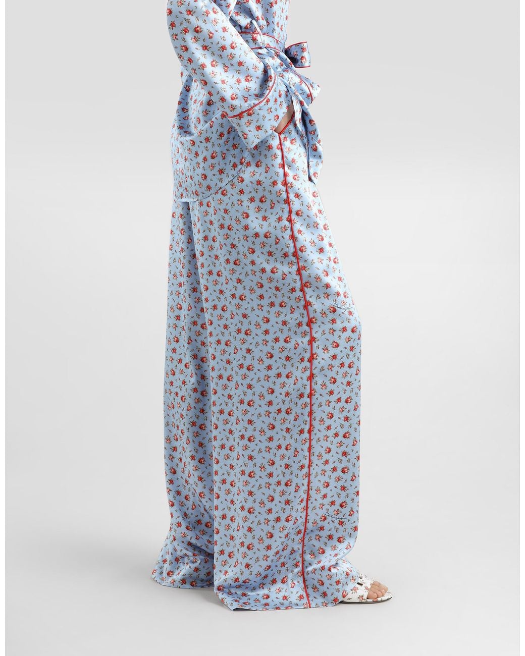 Dolce & Gabbana Blue Small Rose-Print Wide Silk Trousers