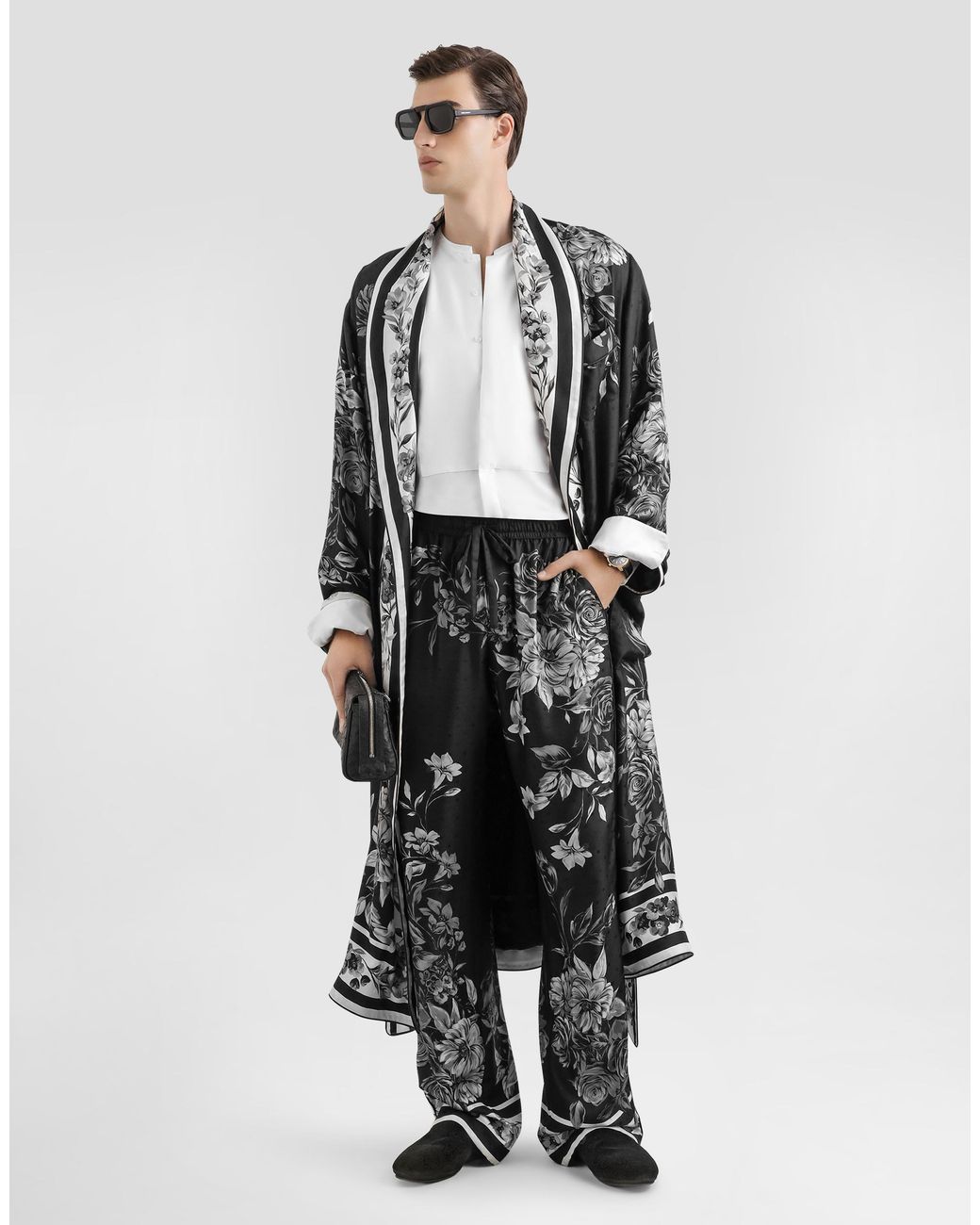 Dolce & Gabbana White Flower Bouquet-Print Jacquard Twill Robe for men