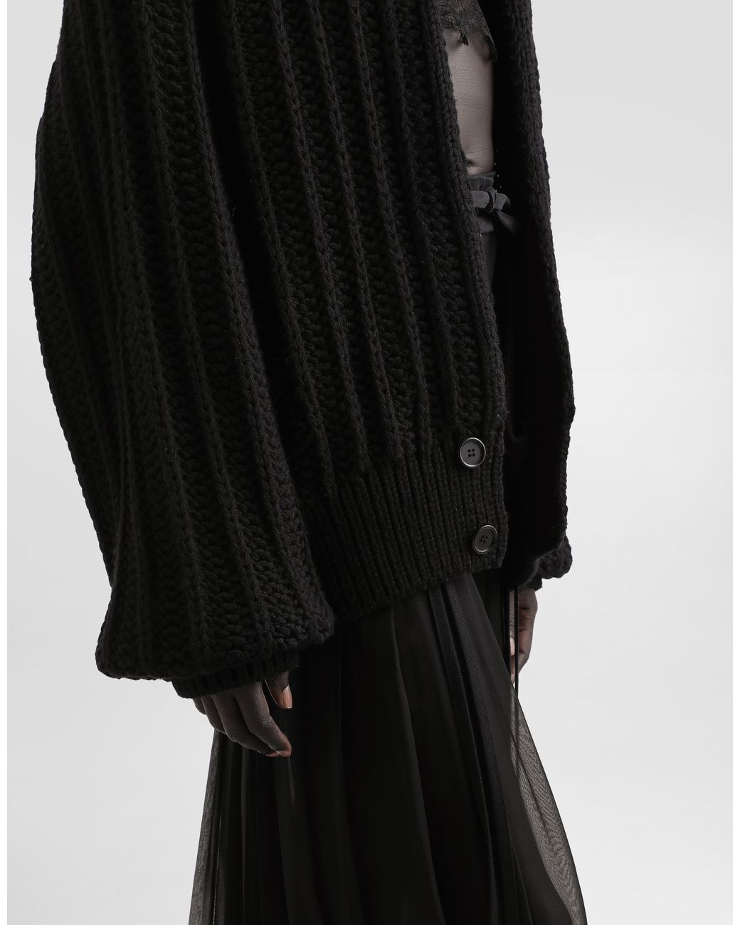Dolce & Gabbana Black Twill Midi Skirt With Chiffon