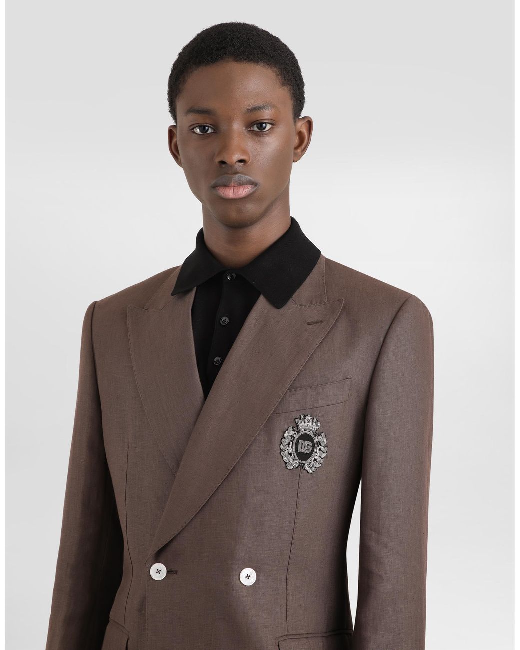 Dolce & Gabbana Brown Double-Breasted Linen Jacket With Patch for men