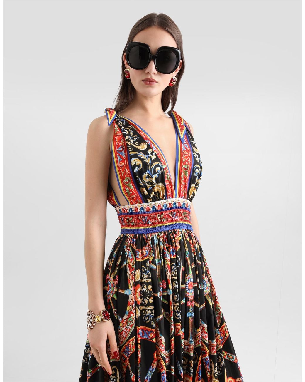 Dolce & Gabbana White Carretto-Print Long Poplin Dress