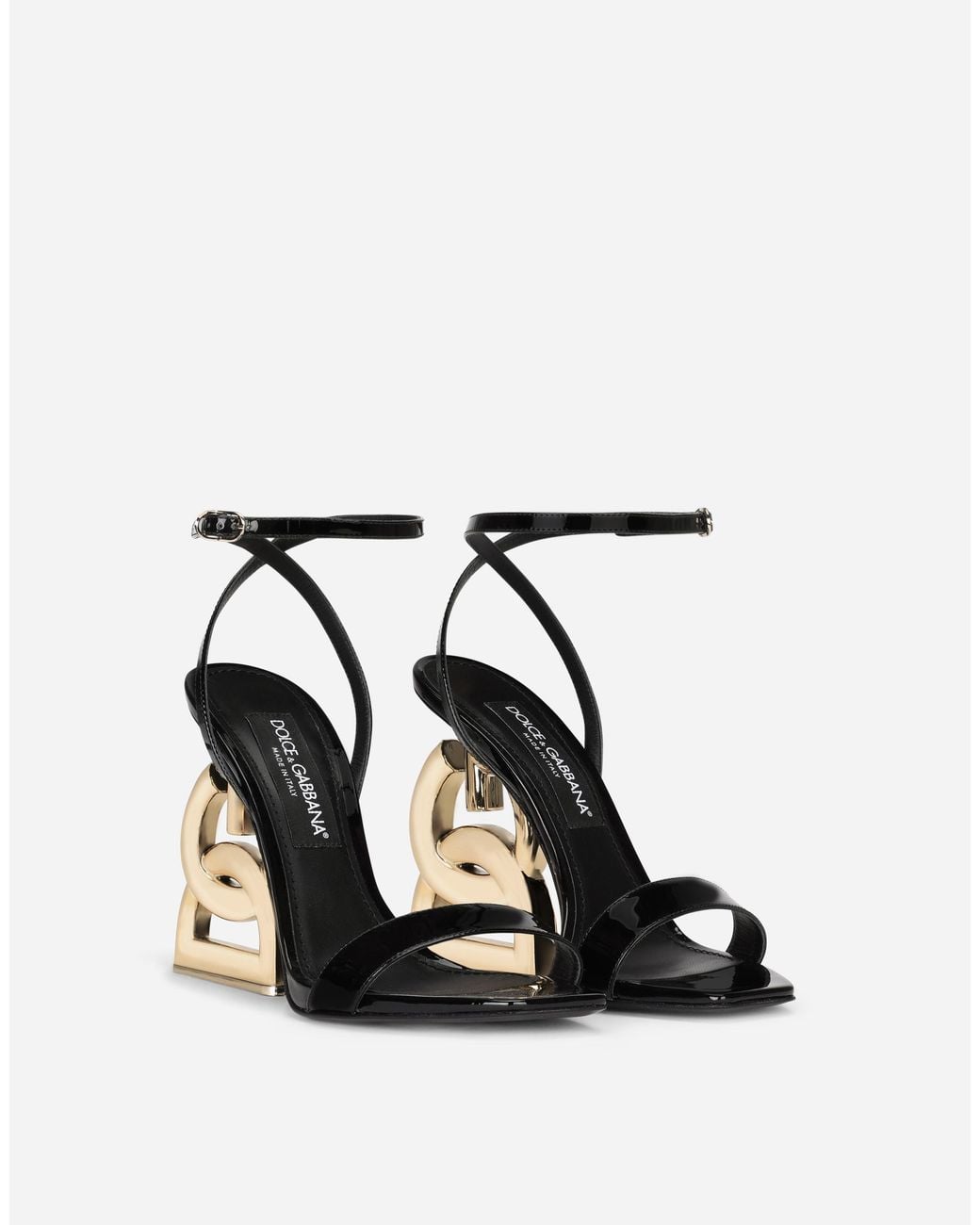 Dolce & Gabbana Black Patent Leather Sandals With Dg Pop Heel