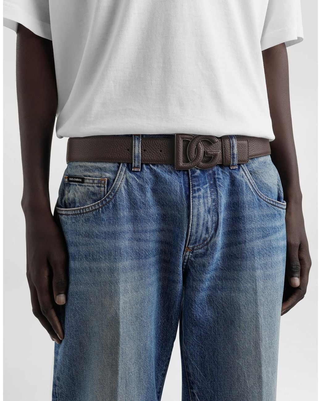 Dolce & Gabbana White Deerskin-Print Calfskin Belt With Logo Print for men