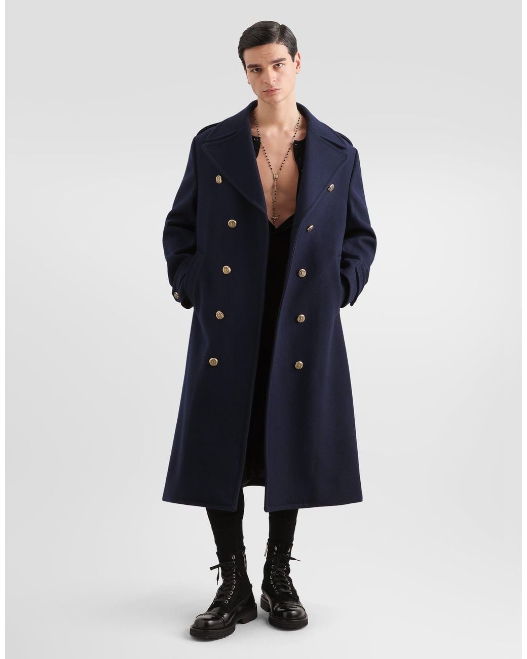 Dolce & Gabbana Blue Double-Breasted Wool Coat for men