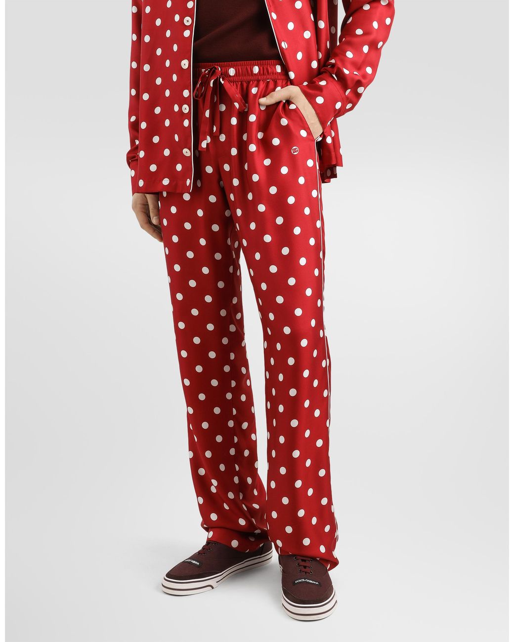 Dolce & Gabbana Red Polka Dot-Print Vanity Silk Twill Trousers for men