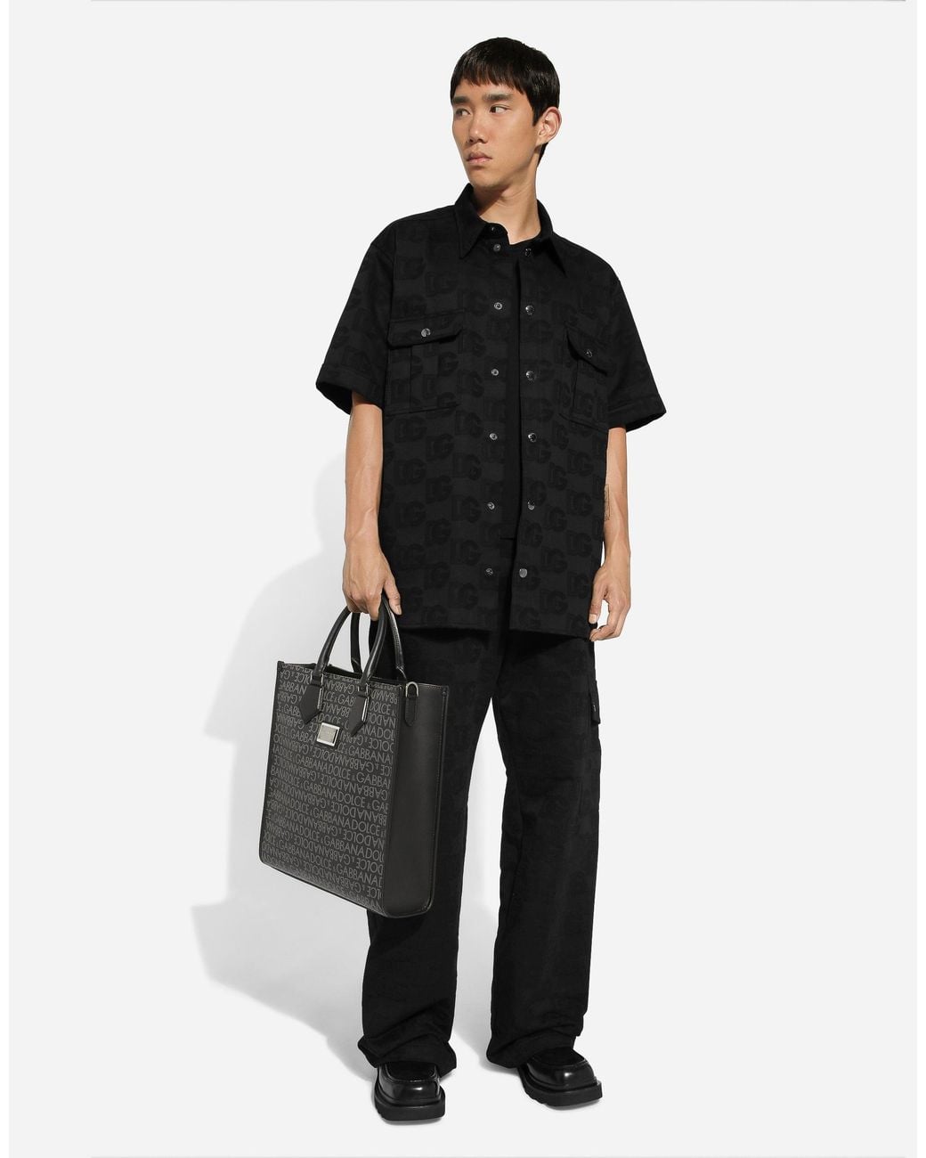 Dolce & Gabbana Black Medium Coated Jacquard Shopper for men