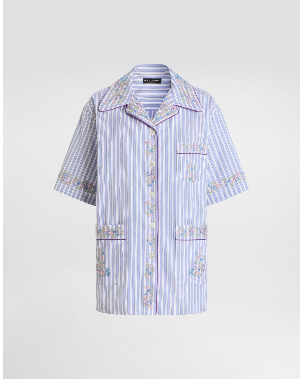 Dolce & Gabbana Blue Cotton Shirt With Flower Embroidery