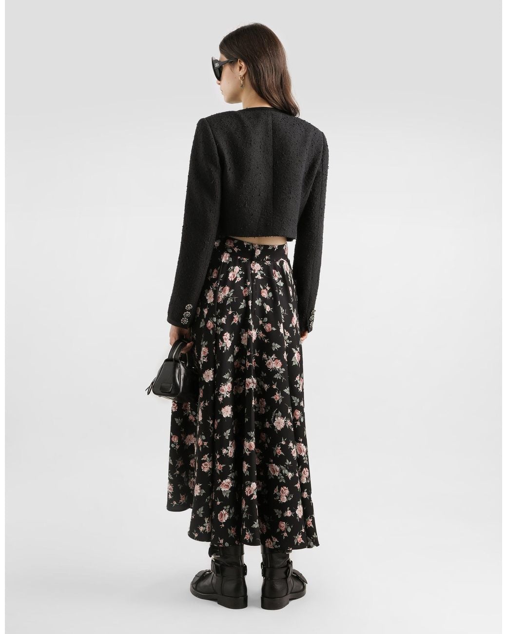 Dolce & Gabbana White Vintage Roses-Print Charmeuse Circle Skirt