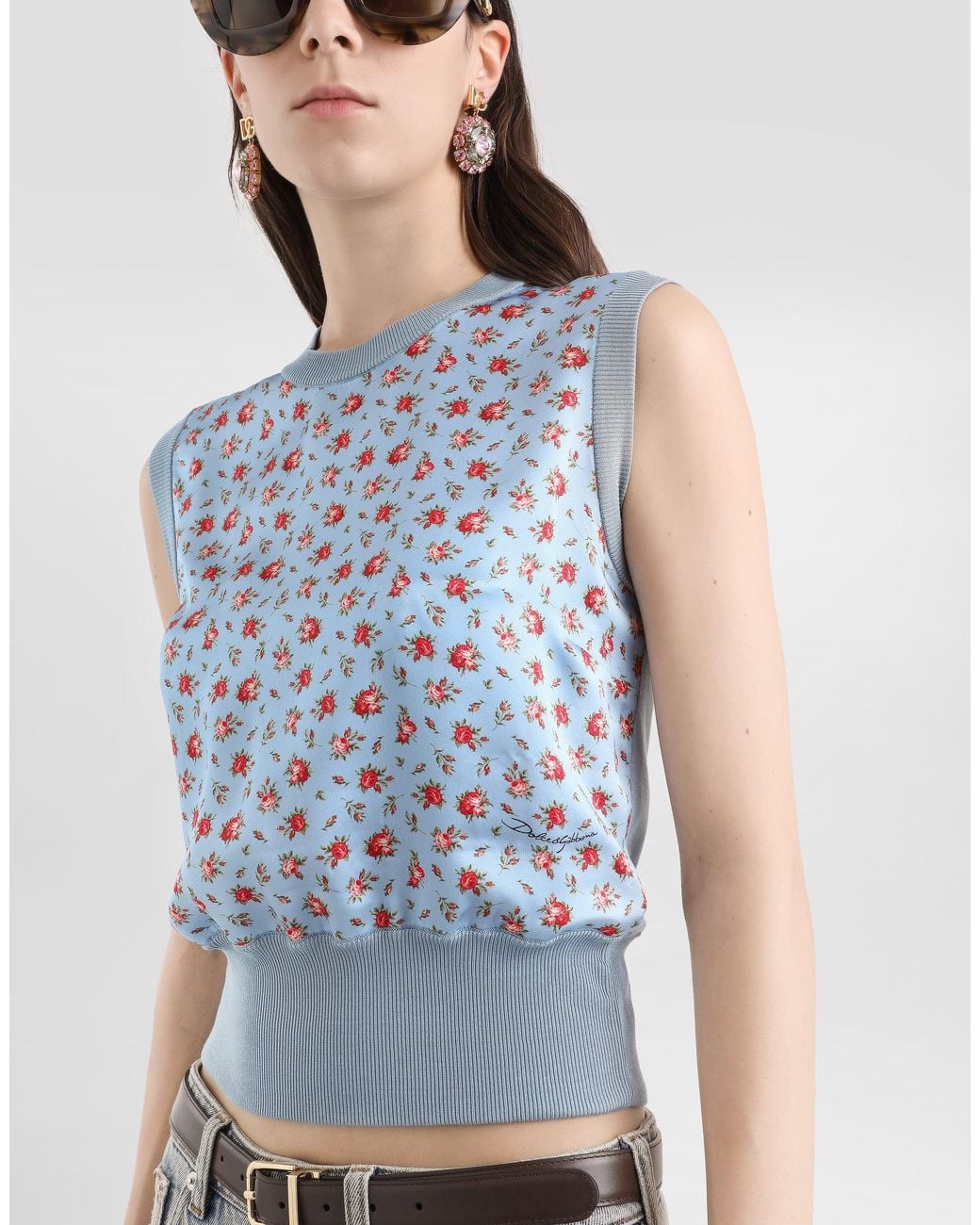 Dolce & Gabbana Blue Small Rose-Print Silk Tank Top