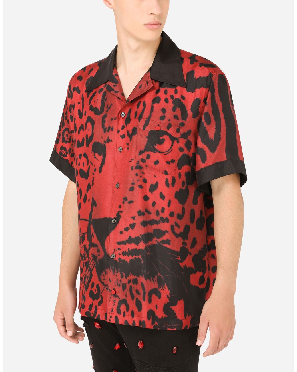Dolce & Gabbana Silk Hawaiian Shirt With Leopard Print in Red for