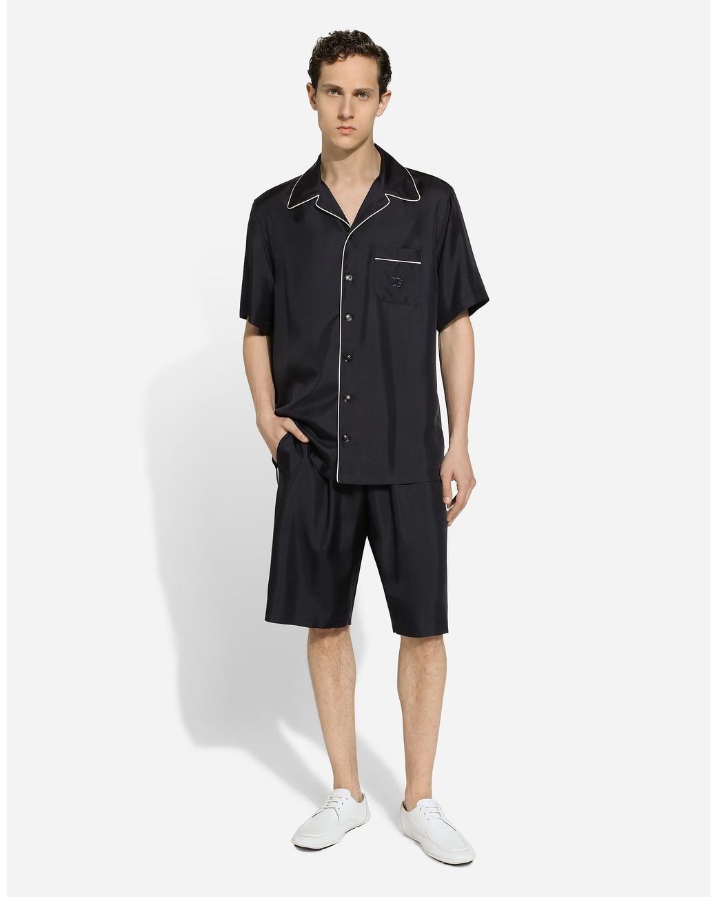 Dolce & Gabbana Black Silk Twill Shirt With Dg Embroidery for men