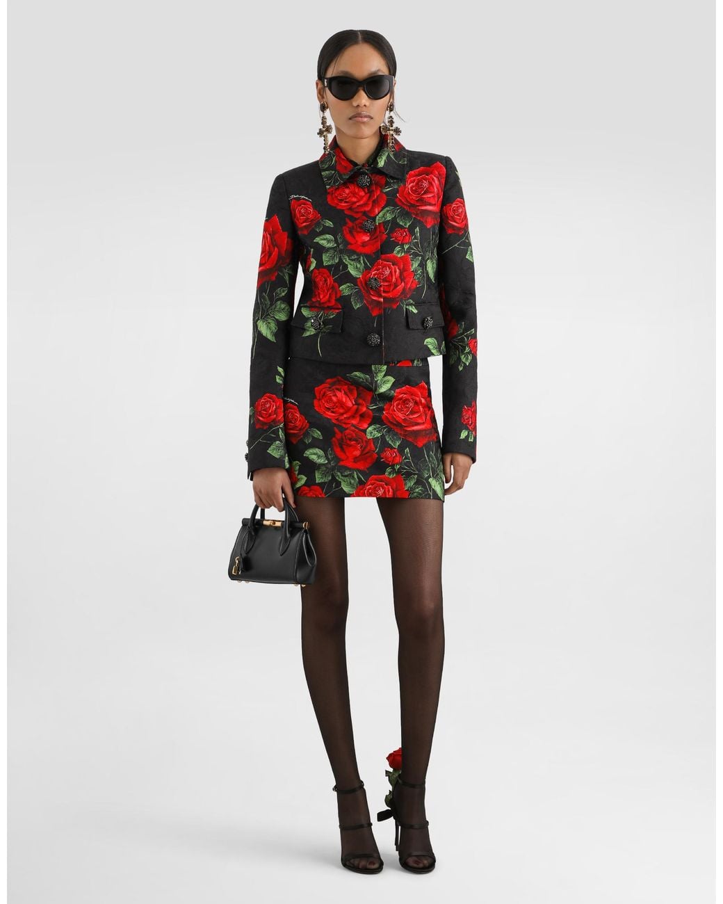 Dolce & Gabbana Red Rose-Print Brocade Jacket With Jewel Buttons