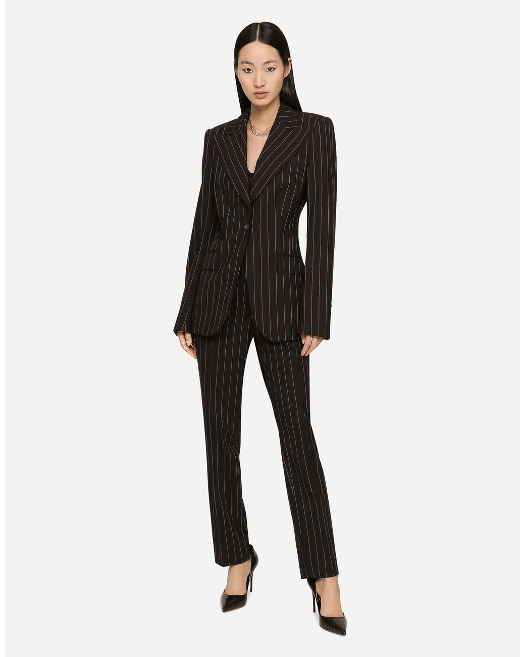 Dolce & Gabbana Black Nadelstreifenhose Aus Wolle Mit Hohem Bund