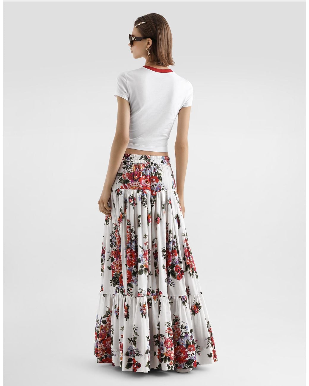 Dolce & Gabbana White Flower Bouquet-Print Poplin Long Skirt