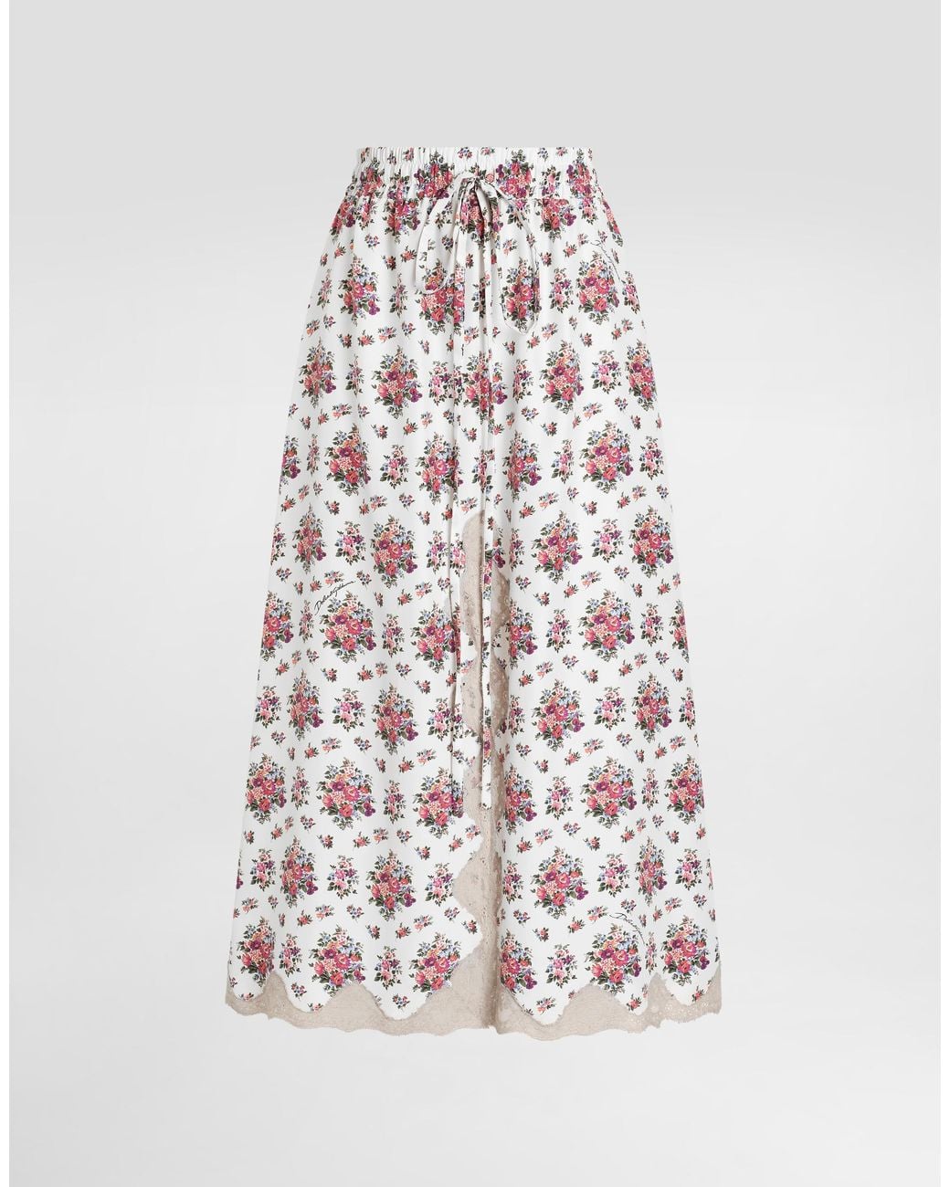 Dolce & Gabbana White Small Flower Bouquets-Print Midi Skirt
