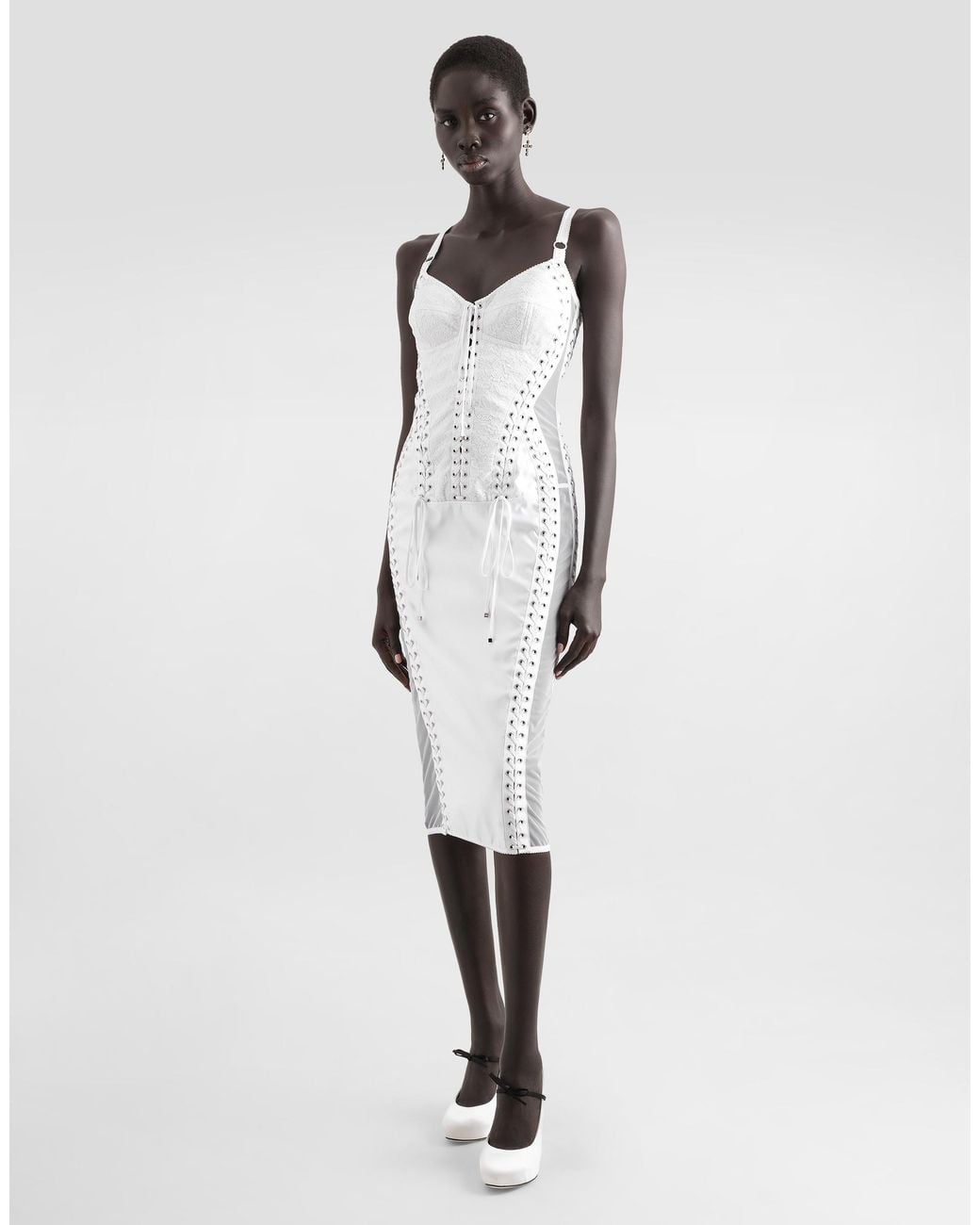 Dolce & Gabbana White Calf-Length Dress With Corset Detailing