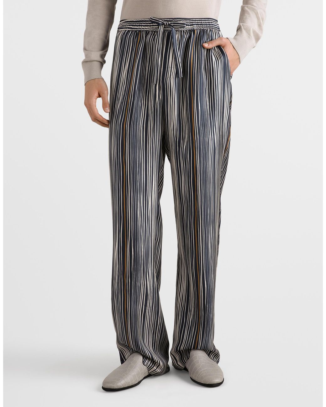 Dolce & Gabbana Gray Stripe-Print Silk Twill Vanity Trousers for men