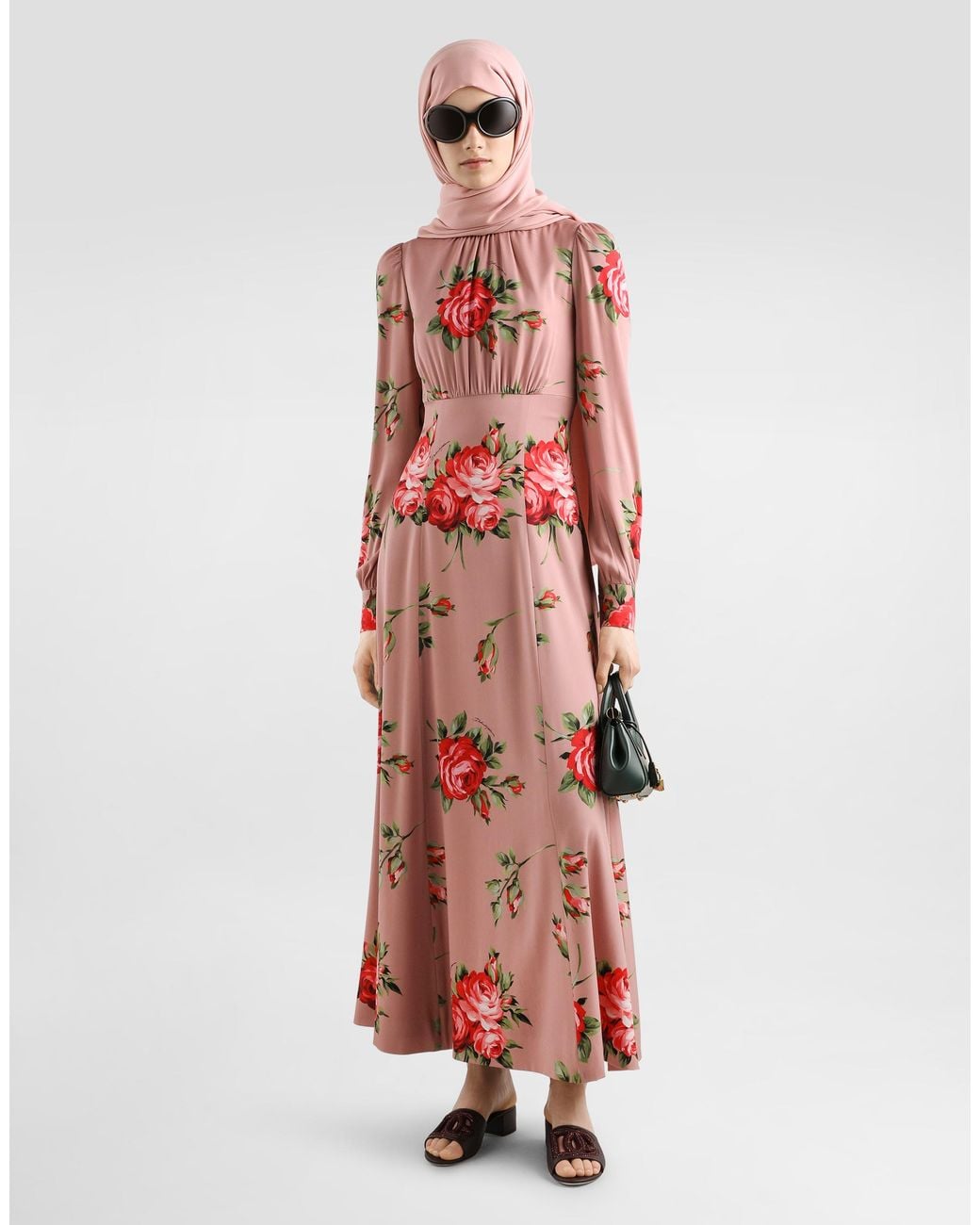 Dolce & Gabbana Red Rose Bouquet-Print Charmeuse Long Dress