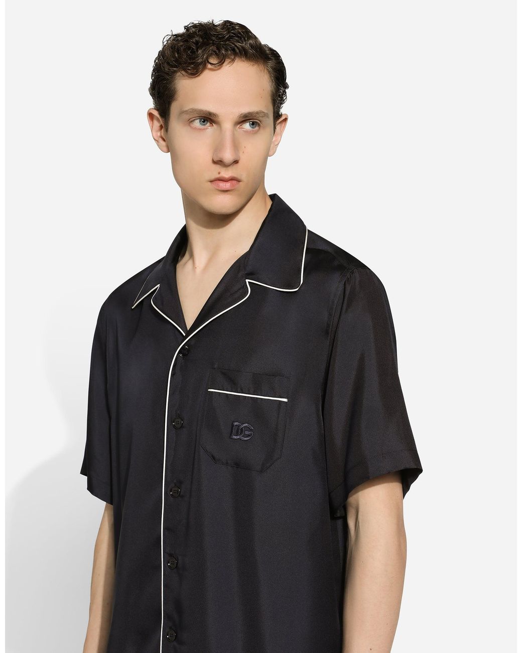 Dolce & Gabbana Black Silk Twill Shirt With Dg Embroidery for men