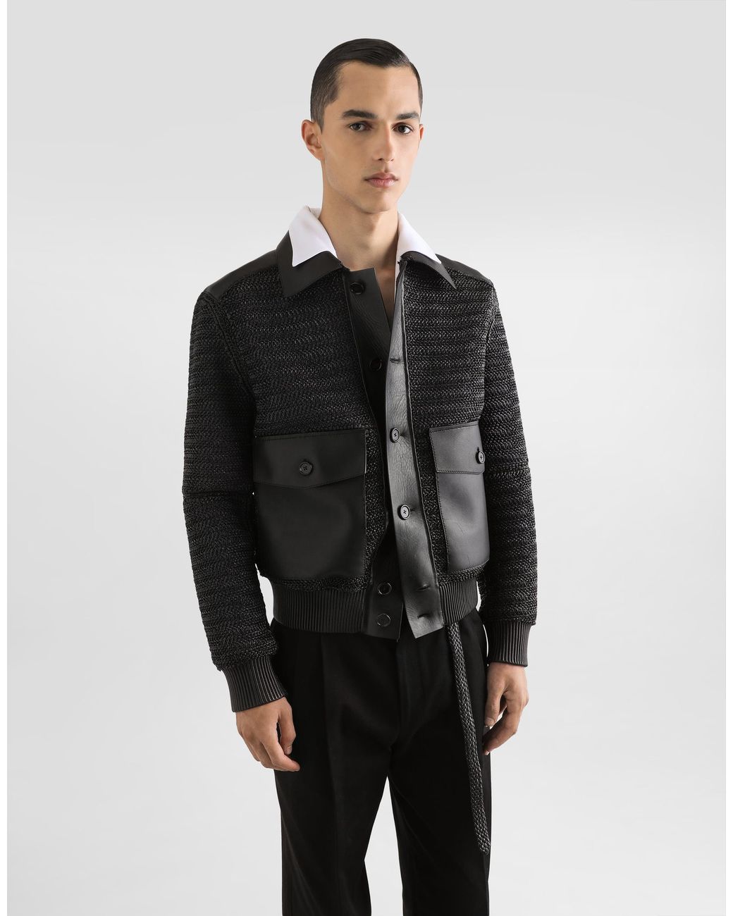 Dolce & Gabbana Black Leather And Raffia Mesh Jacket for men