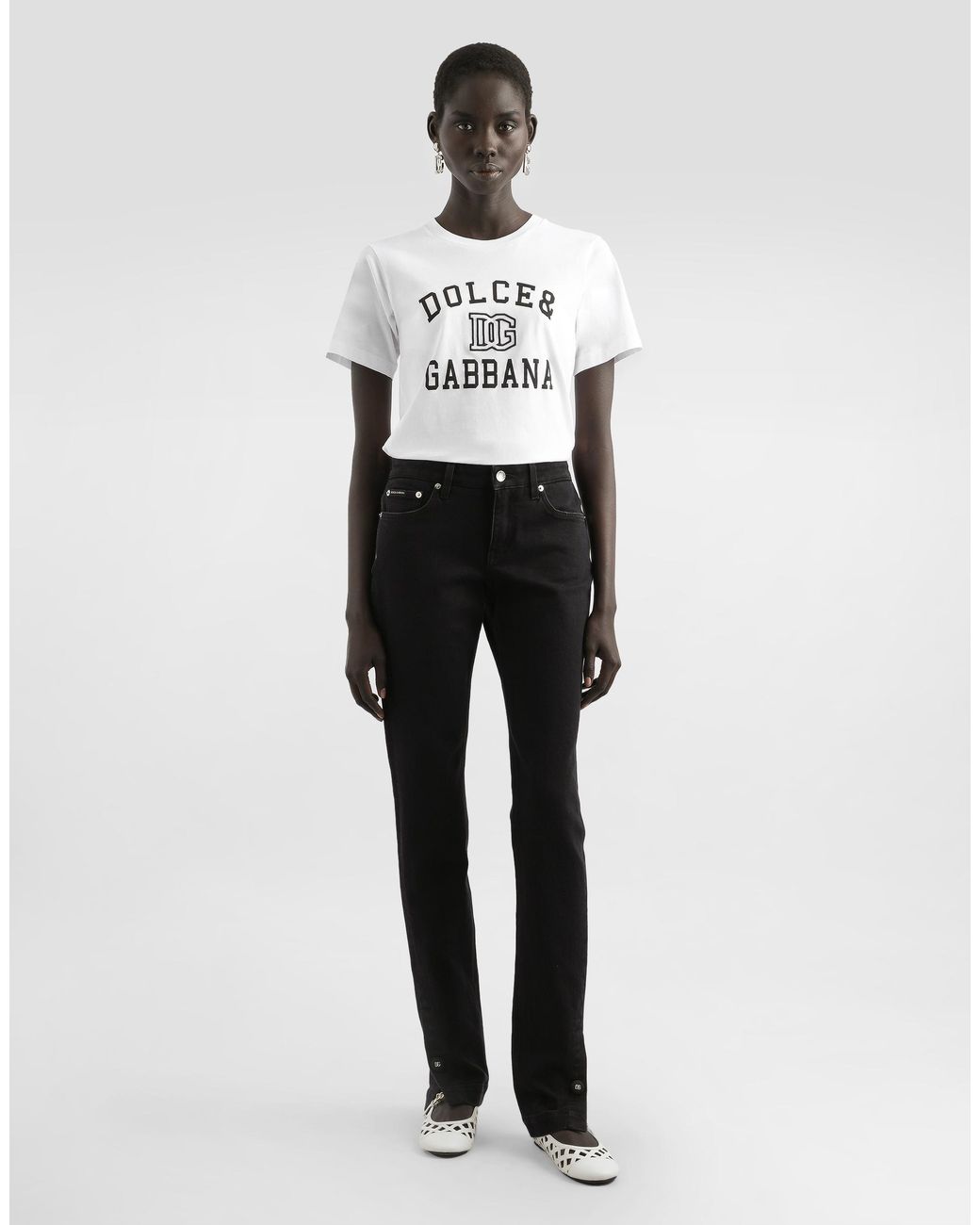Dolce & Gabbana White T-Shirt Aus Jersey Mit Schriftzug Und Logostickerei