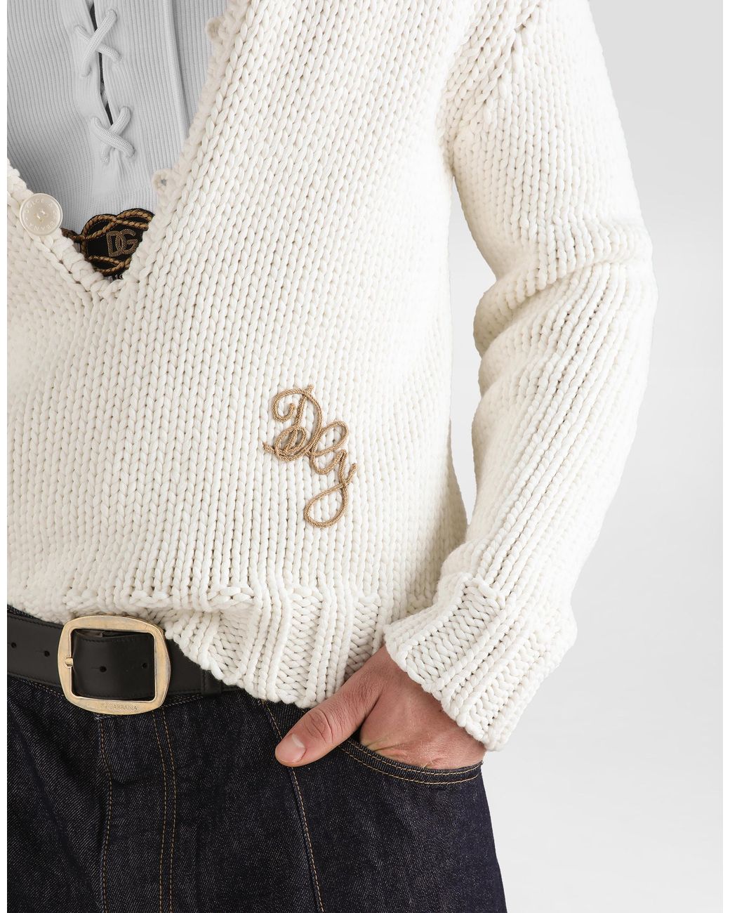 Dolce & Gabbana Natural Smooth Knit Pullover With Logo for men