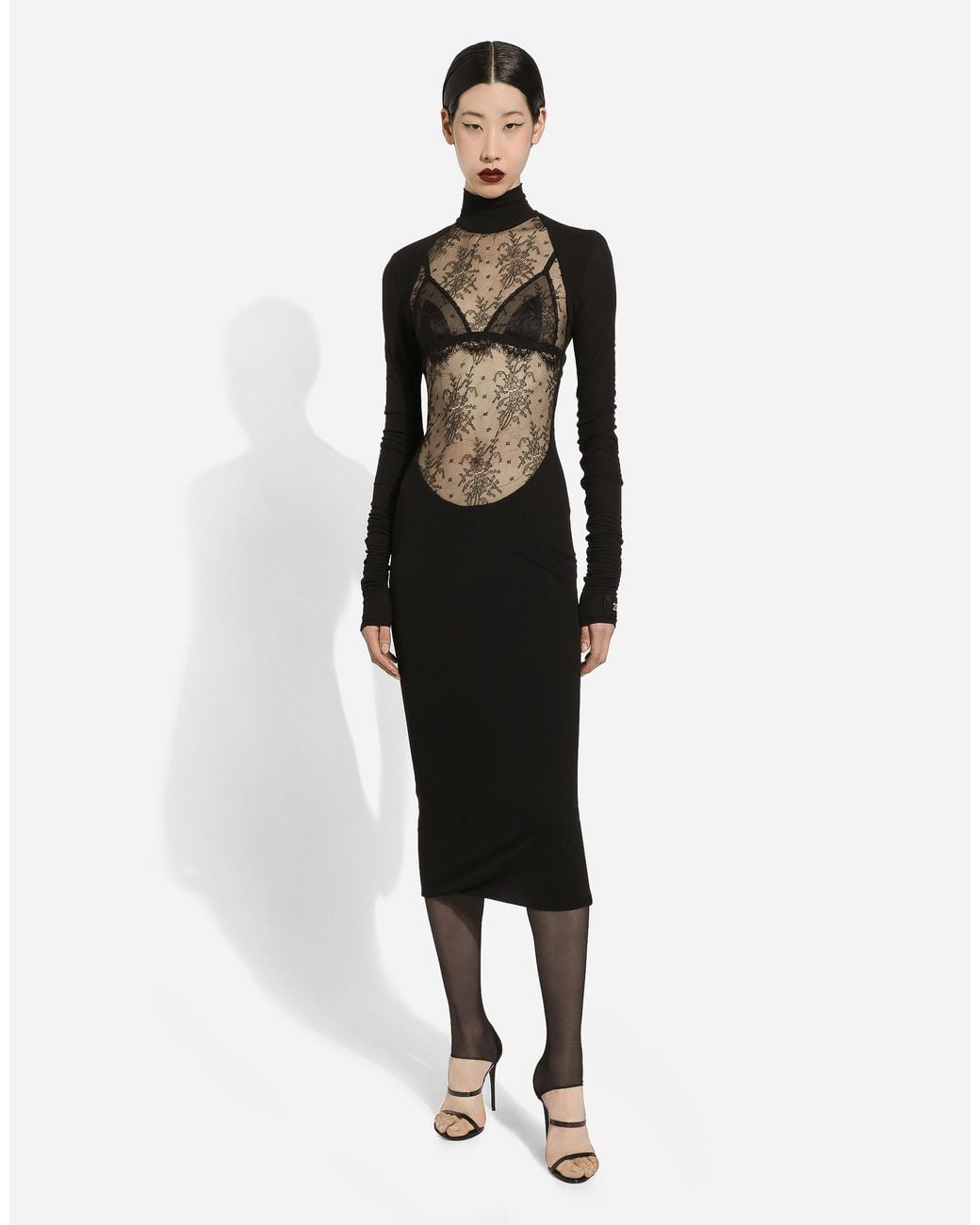 Dolce & Gabbana Black Longuette-Kleid Aus Jersey Mit Einsatz Aus Chantilly-Spitze