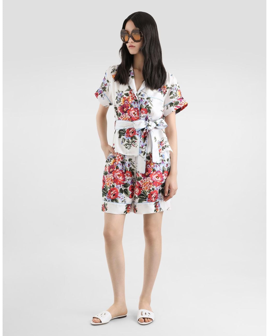 Dolce & Gabbana White Flower Bouquet-Print Twill Vanity Bermuda Shorts