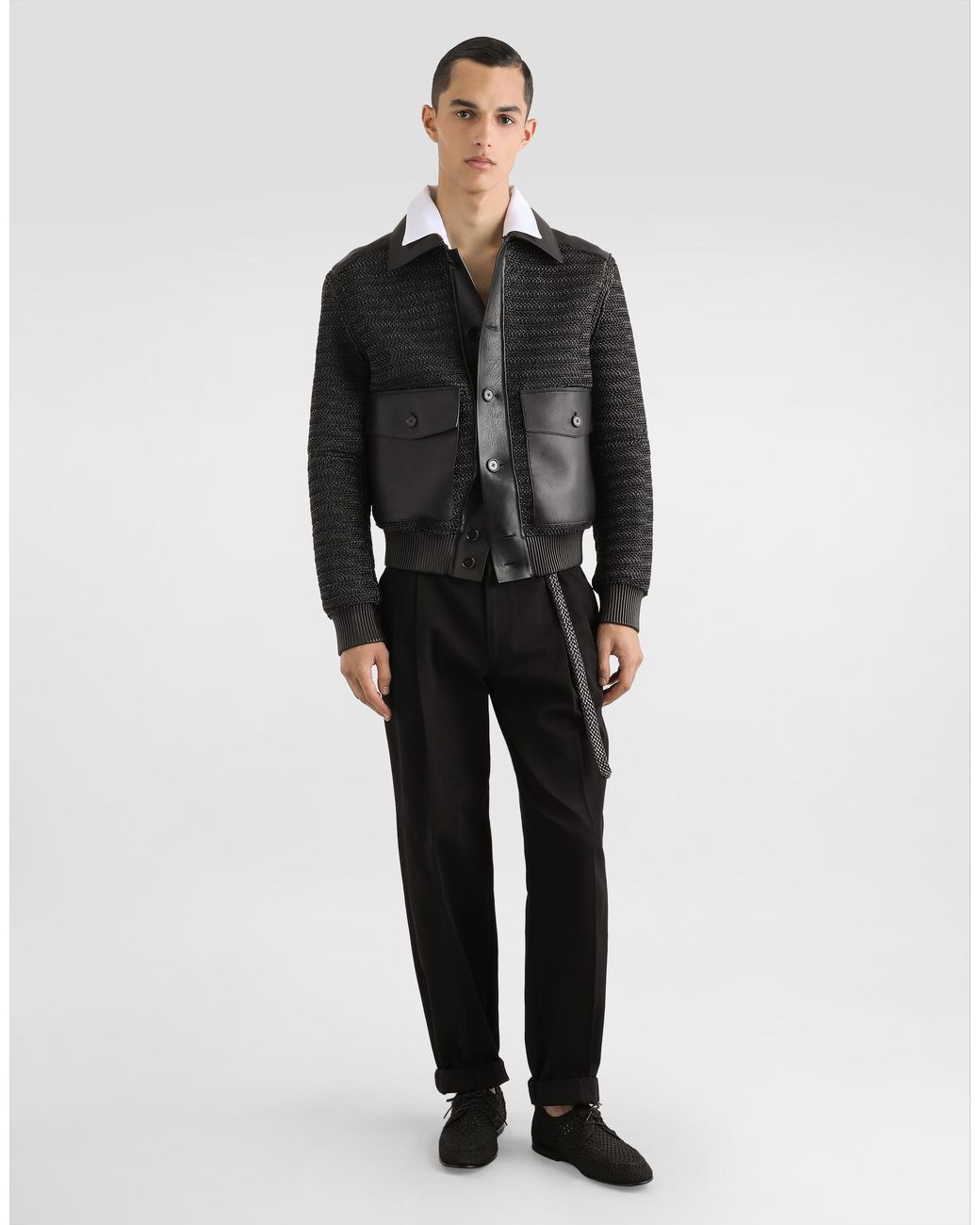 Dolce & Gabbana Black Leather And Raffia Mesh Jacket for men