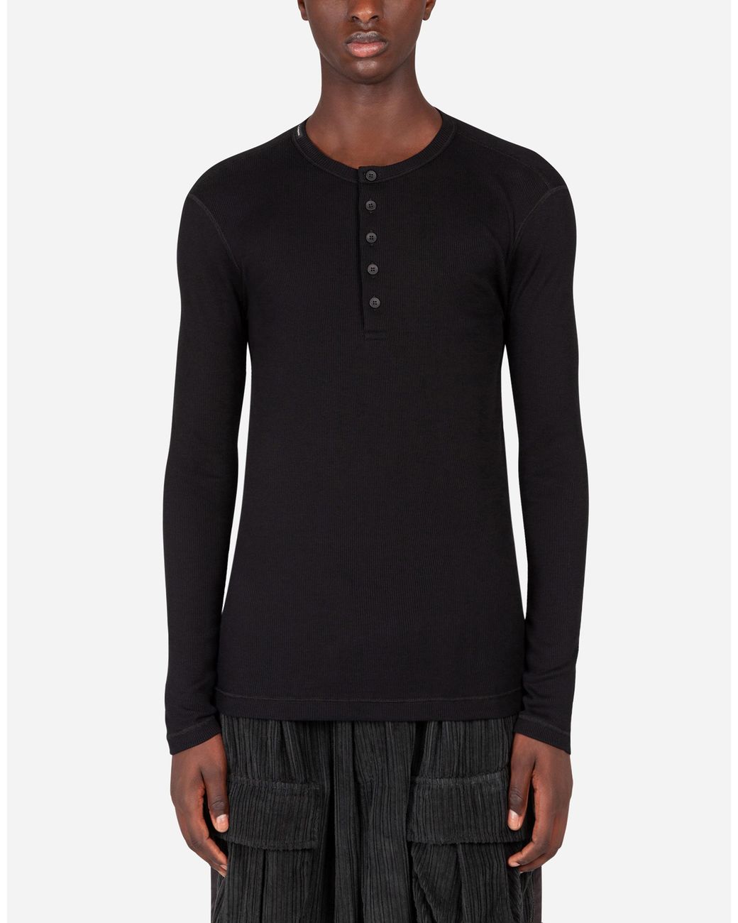 Dolce & Gabbana Black Fine-Rib Cotton Granddad-Neck T-Shirt With Long Sleeves for men