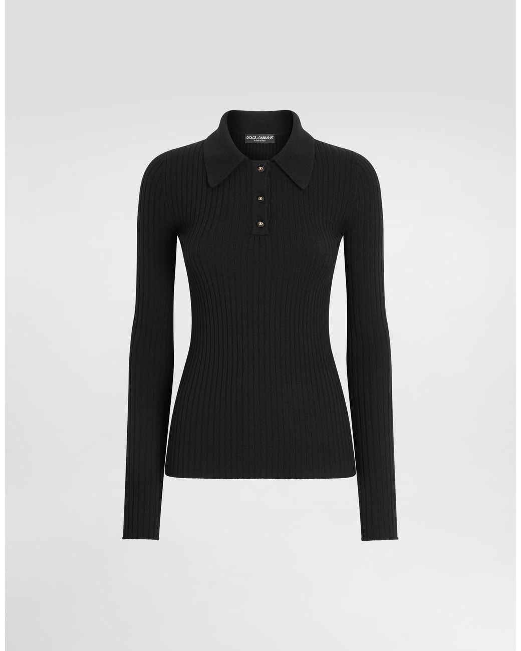 Dolce & Gabbana Black Ribbed Wool Polo-Style Sweater
