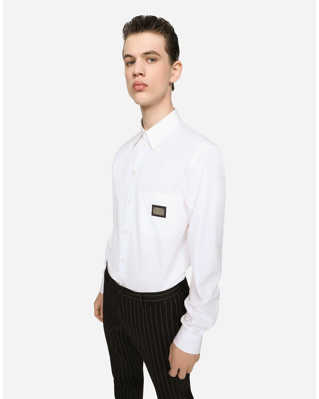 Dolce & Gabbana White Cotton Martini-Fit Shirt With Branded Tag for men