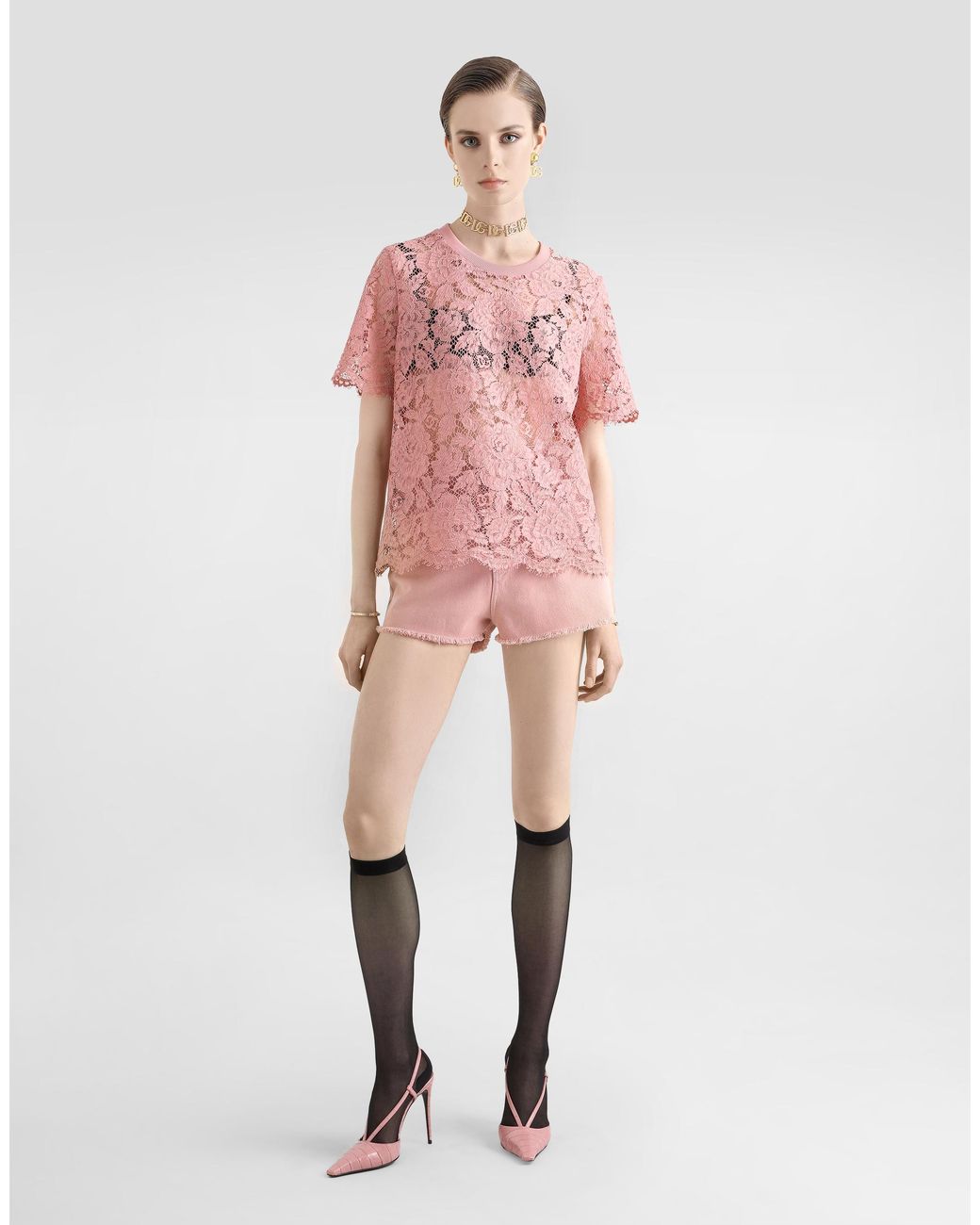 Dolce & Gabbana Pink Short-Sleeved Cordonetto Lace T-Shirt
